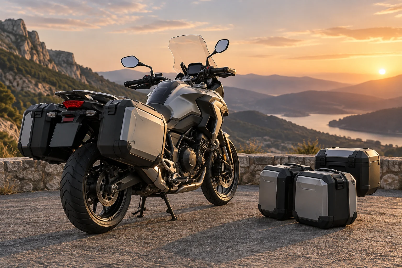 Motocicleta touring con maletas laterales montadas y un juego desmontado al lado