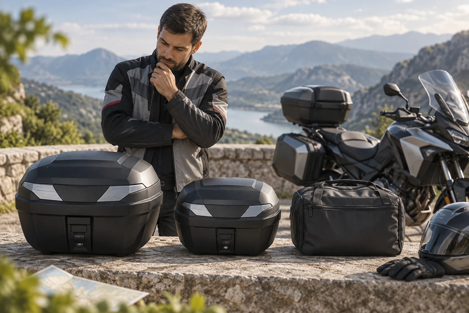 Comparación visual de maletas de moto y una bolsa interior extraíble