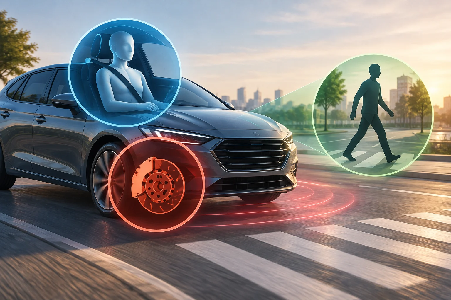 Iconos de ocupante, peatón y sistema de frenada sobre un coche genérico