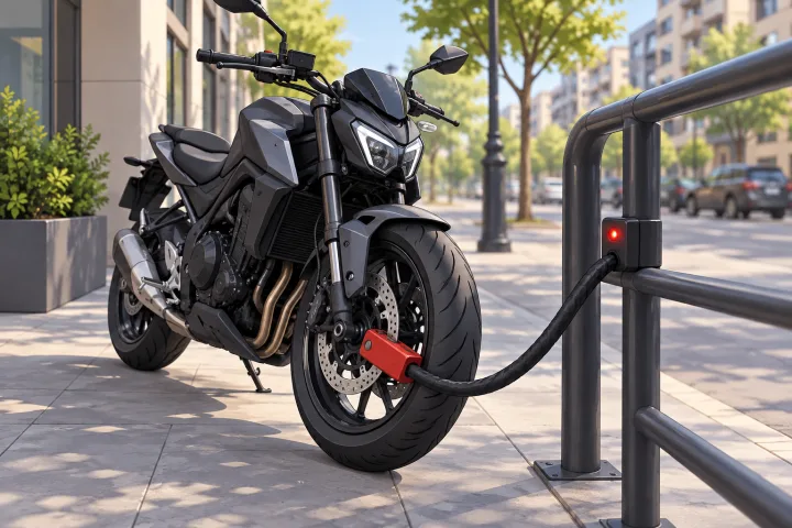 Moto estacionada en la calle con un candado de disco de freno y una alarma visible, ilustración de seguridad vehicular