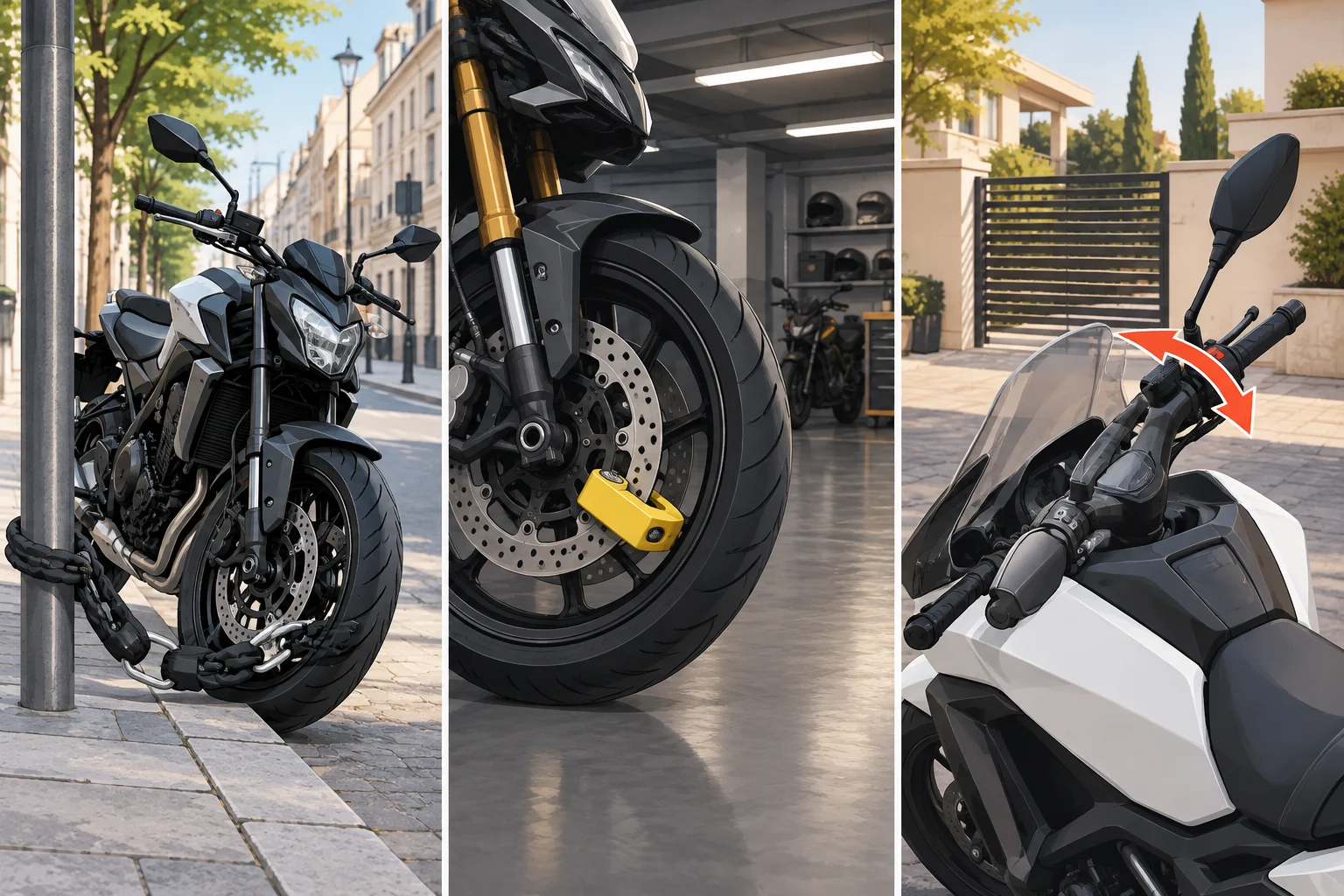 Comparación gráfica de medidas antirrobo para moto en calle, garaje y plaza privada