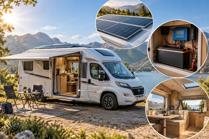 Autocaravana con paneles solares instalados en el techo y cableado visible