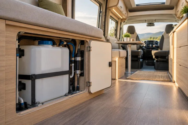 Interior de una autocaravana mostrando el depósito de agua limpia y el sistema de filtración, con una persona revisando los niveles.