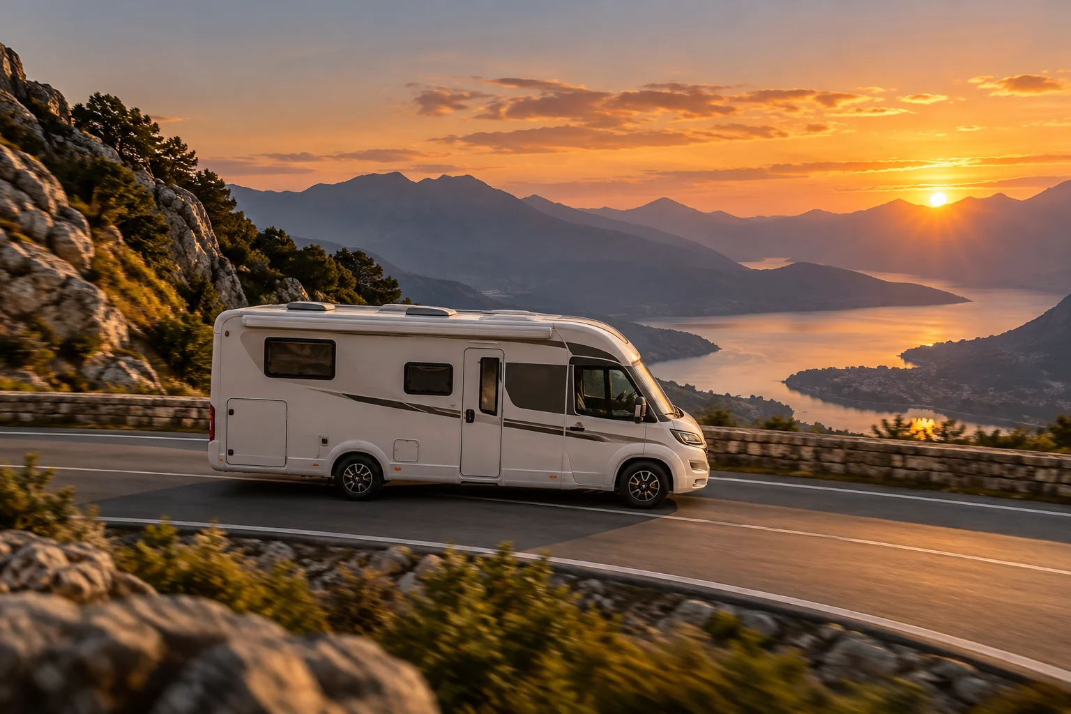 Autocaravana en carretera de montaña al atardecer