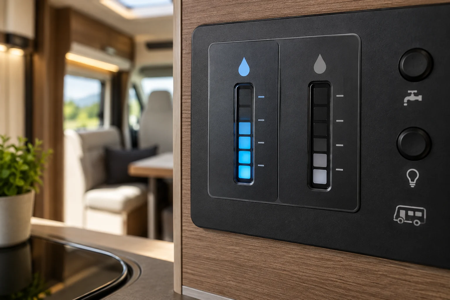 Panel de control de autocaravana con indicadores de nivel de agua