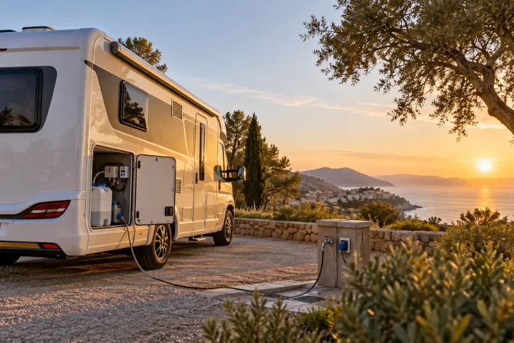 Autocaravana estacionada en un área de servicio con el capó abierto mostrando el compartimento de agua y electricidad, bajo luz de atardecer.