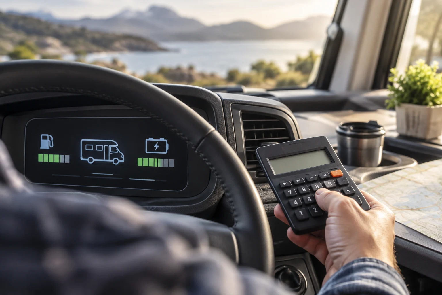 Panel de control de una autocaravana mostrando niveles de combustible y batería, con una calculadora en primer plano.