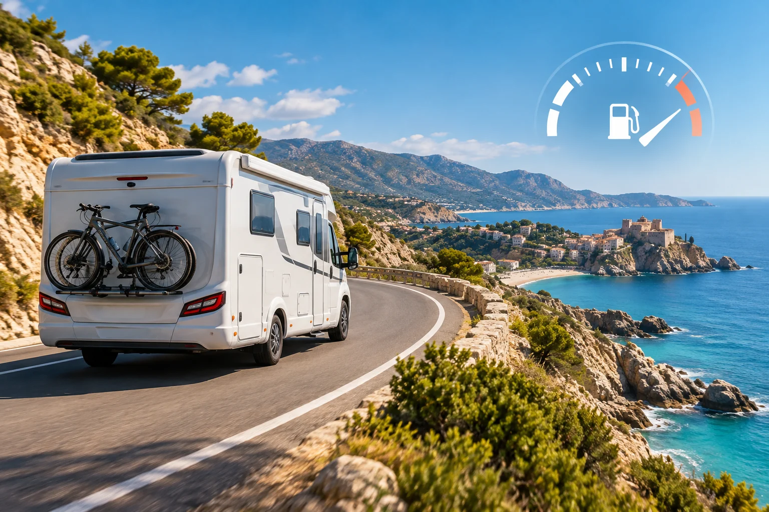 Autocaravana circulando por una carretera costera en España durante el día.