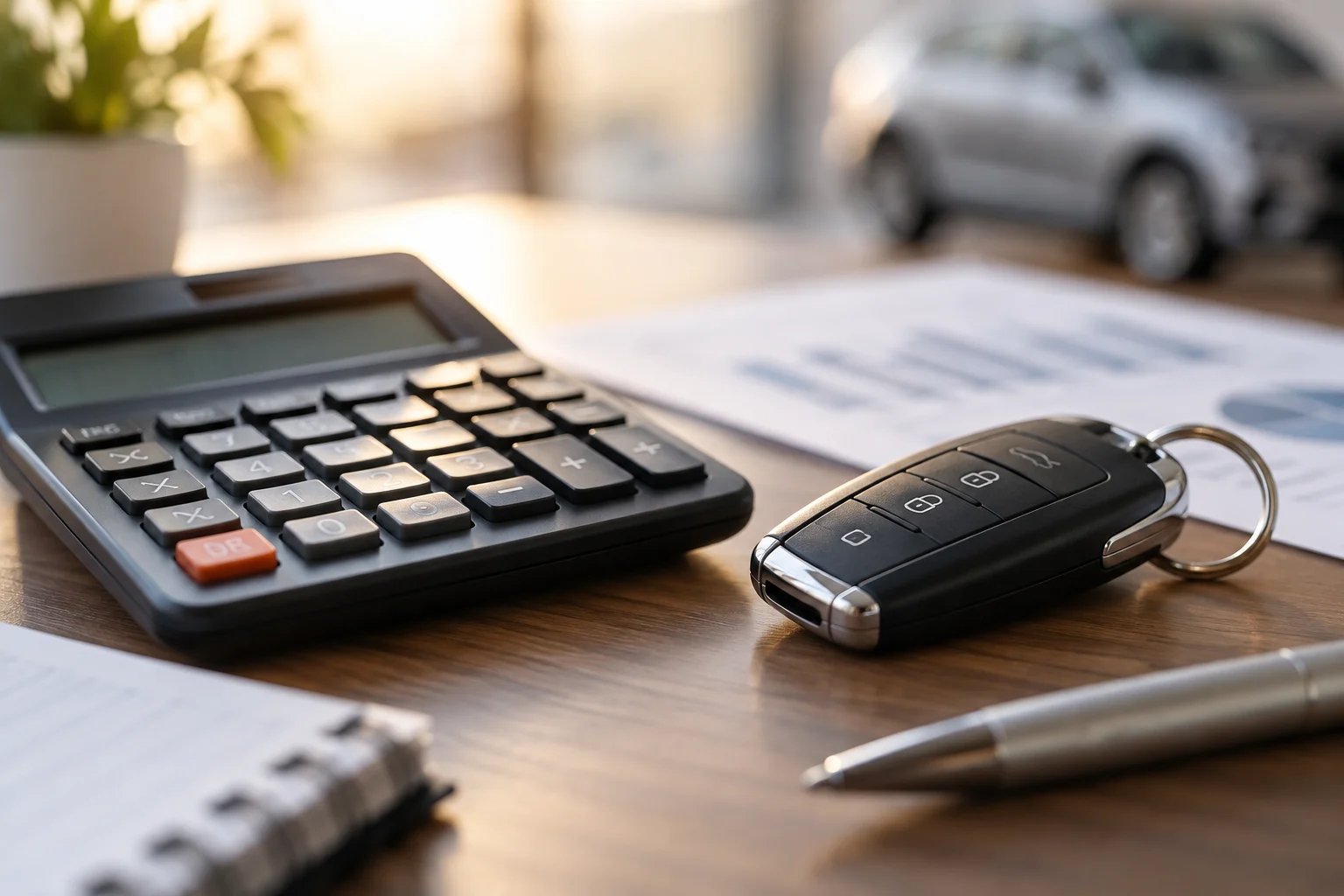 Calculadora financiera y llave de coche sobre un escritorio, simbolizando el cálculo de costes de propiedad.