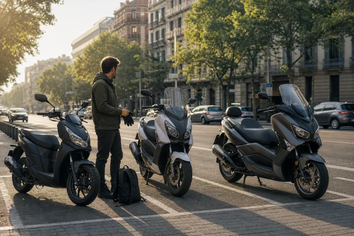 Persona con casco junto a tres scooters aparcados en una calle urbana, uno compacto, uno de rueda alta y uno GT