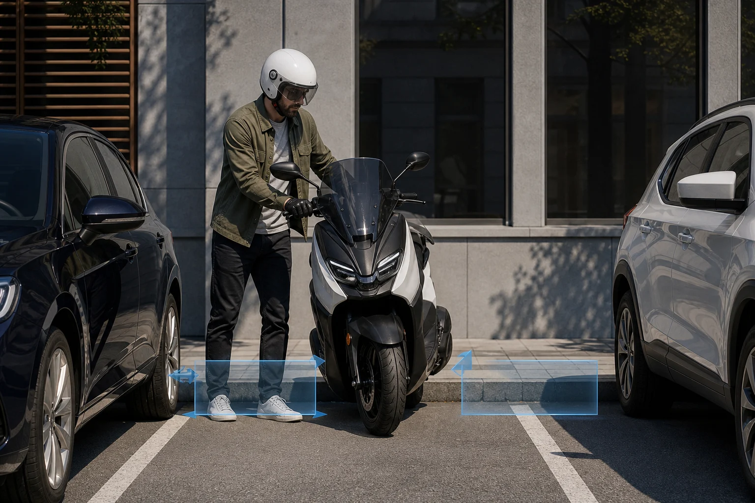 Scooter compacto entrando en una plaza de aparcamiento estrecha en ciudad