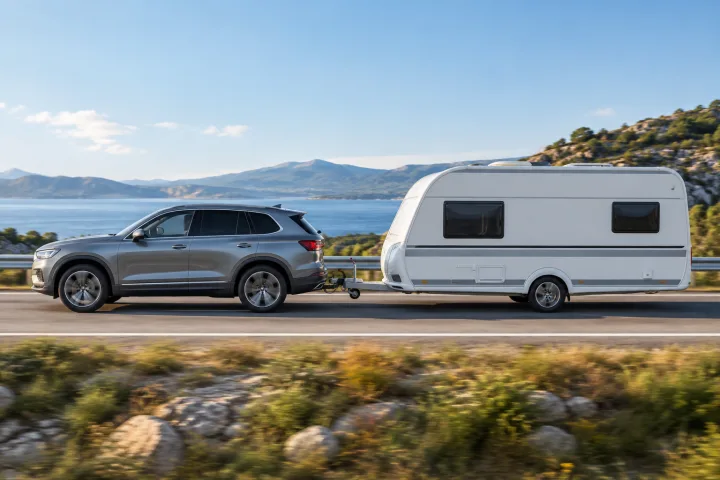 Vista lateral de un coche remolcando una caravana en una carretera, con espacio para detalles técnicos