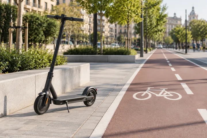 Patinete eléctrico junto a un carril bici urbano señalizado