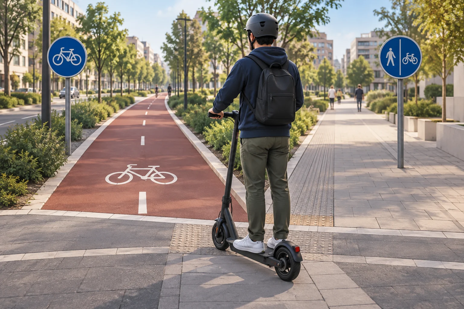 Patinete eléctrico detenido junto a un carril bici urbano