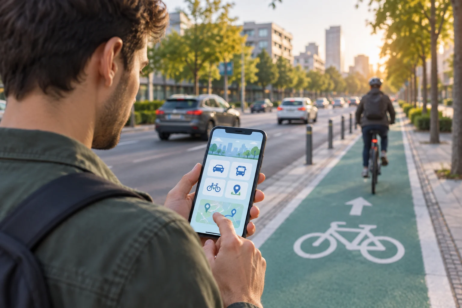 Usuario consulta información municipal de movilidad junto a un carril bici