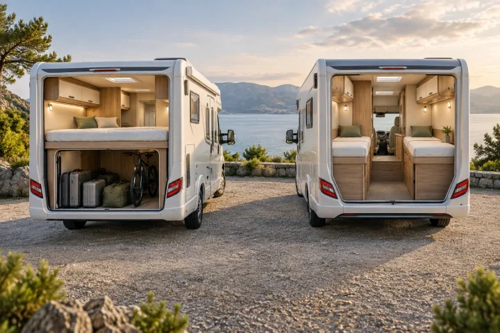 Ilustración comparativa de una autocaravana con cama transversal y otra con camas gemelas