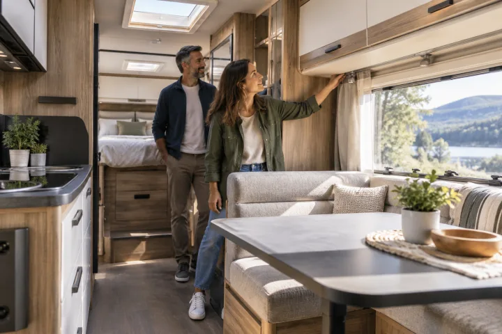 Pareja valorando el interior y la distribución de una autocaravana estacionada
