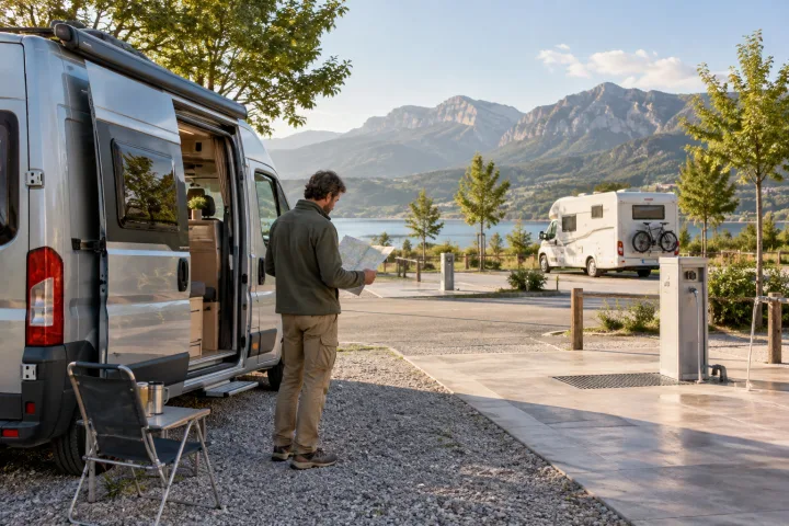 Camper estacionada en un área de servicio junto a una autocaravana y un mapa de ruta