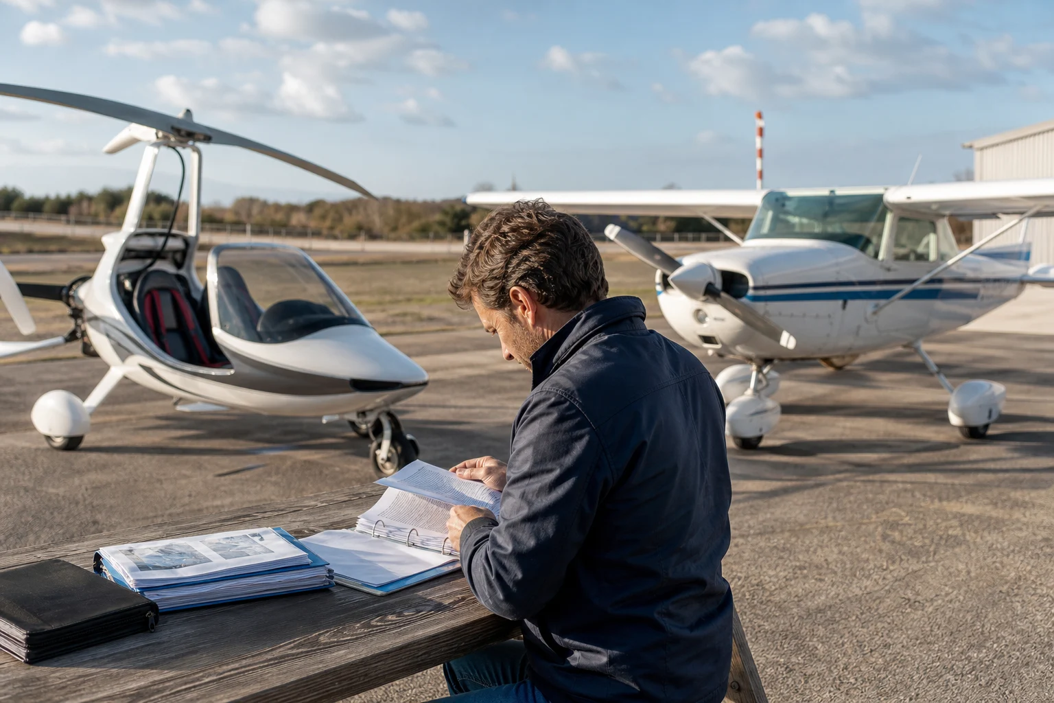 ULM y avioneta ligera estacionados en un aeródromo, con documentación y costes de propiedad sobre una mesa