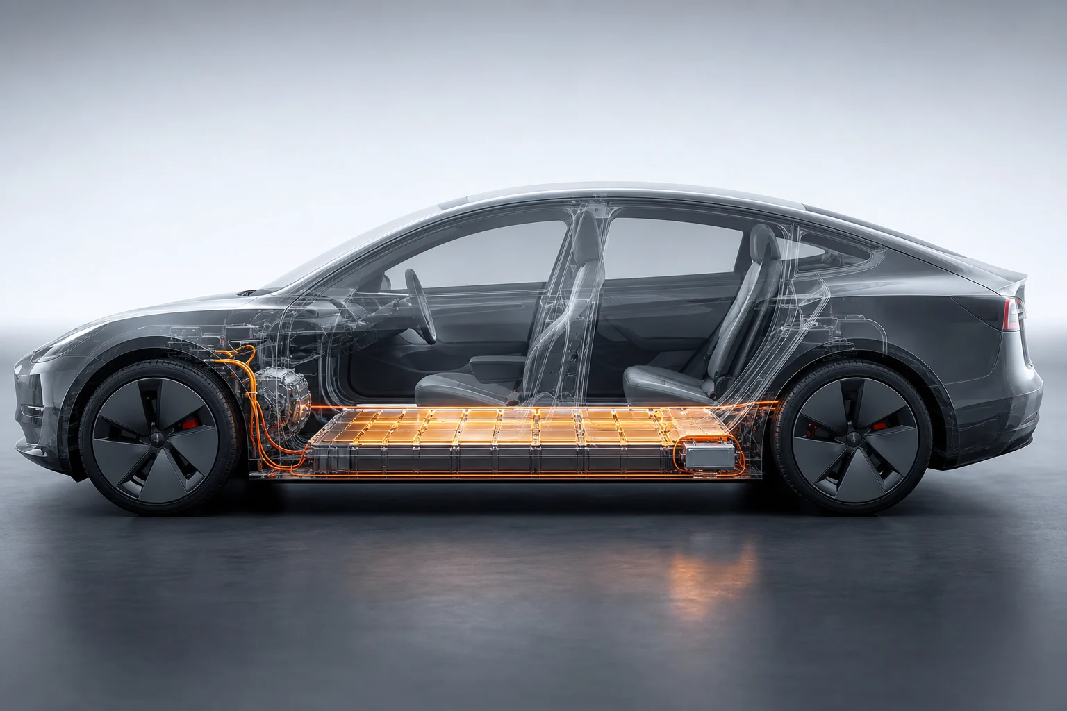 Esquema visual de un Tesla Model 3 con batería de alta tensión y batería auxiliar separadas
