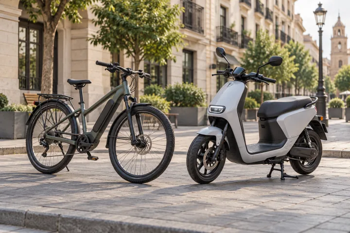 Bicicleta eléctrica con pedales y ciclomotor eléctrico aparcados uno junto al otro en una calle urbana