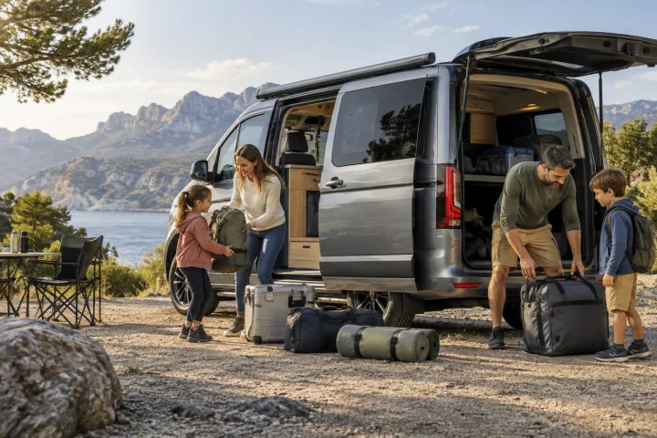 Familia junto a una camper estacionada y preparada para un viaje