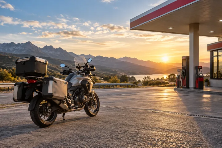 Moto touring con equipaje detenida junto a una estación de servicio en una carretera