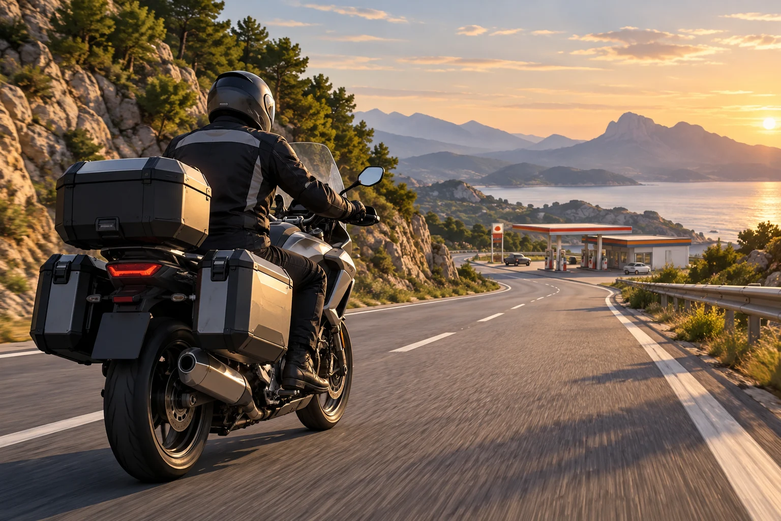 Moto touring cargada en una carretera con una estación de servicio al fondo