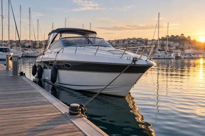 Embarcación de recreo amarrada en un pantalán de una marina