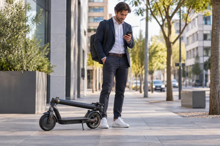 Patinete eléctrico plegado junto a una mochila en una entrada urbana