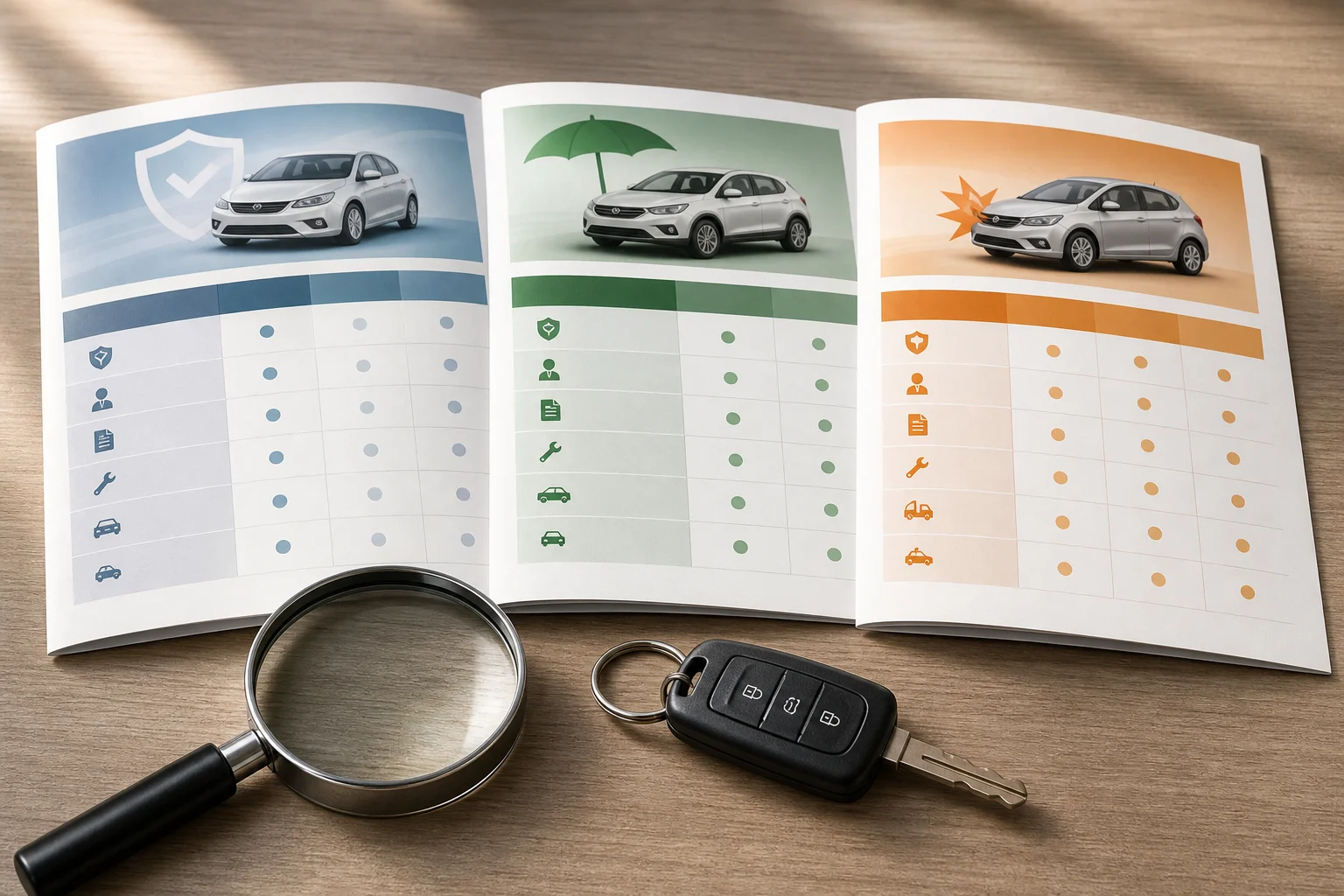 Tres documentos de seguro, una lupa y unas llaves de coche sobre una mesa