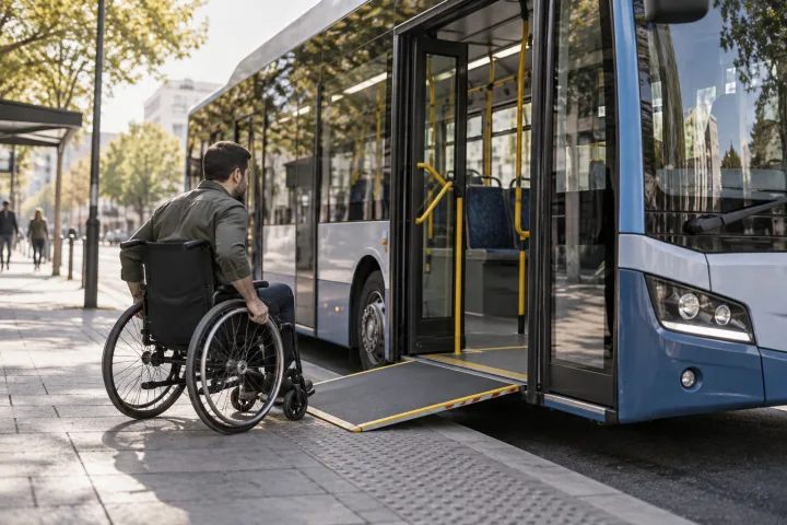 Autobús urbano detenido junto a una parada, con la rampa de acceso desplegada