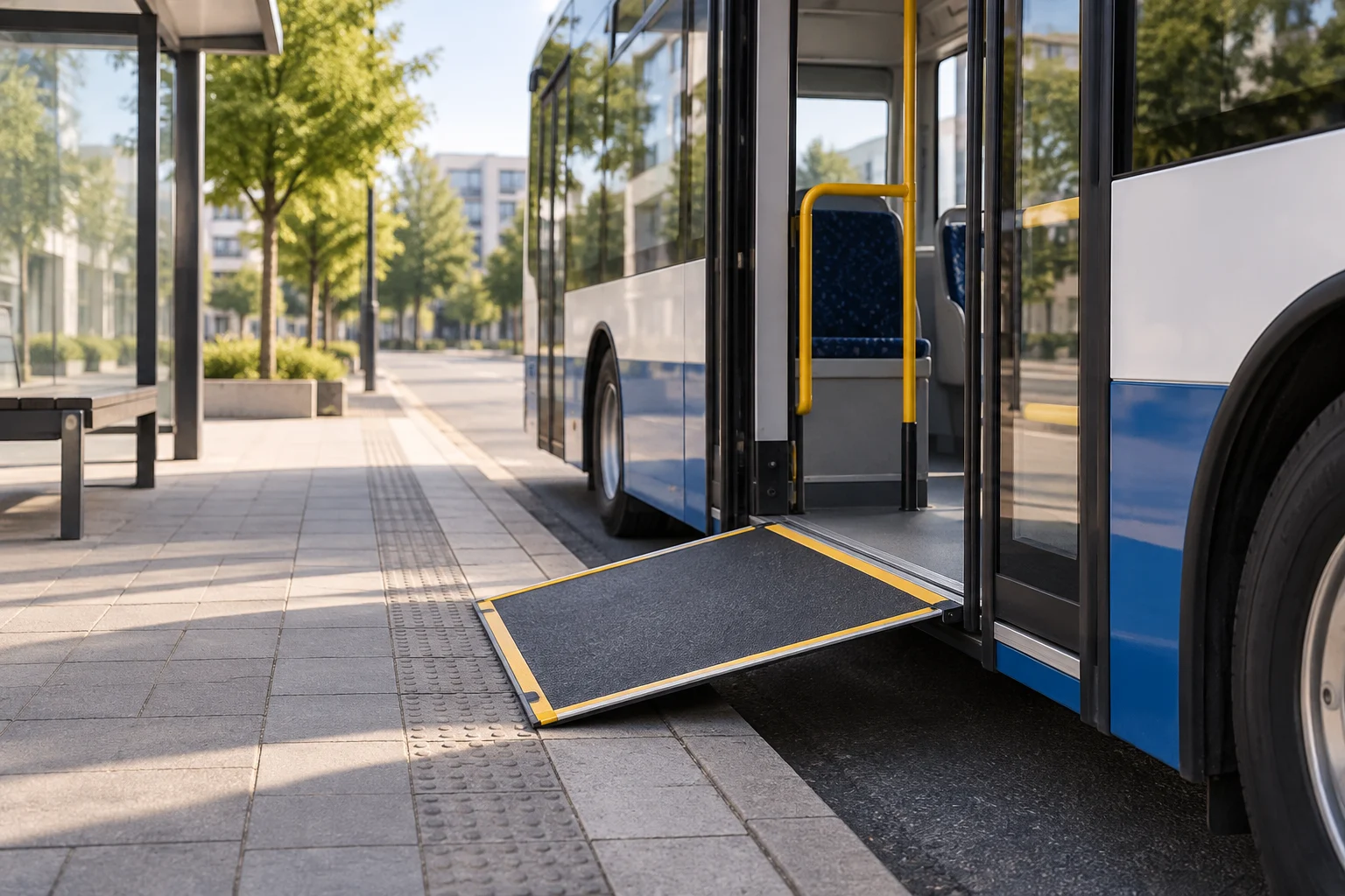 Rampa desplegada entre un autobús urbano y la acera de una parada