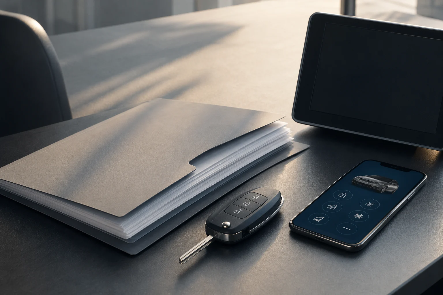Documentación de compraventa, una llave, un teléfono y la pantalla multimedia de un coche preparados para revisar cuentas vinculadas.