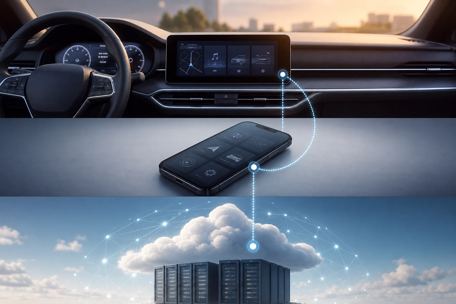 Esquema visual de una pantalla de coche, un teléfono y servicios en la nube como posibles ubicaciones de datos.