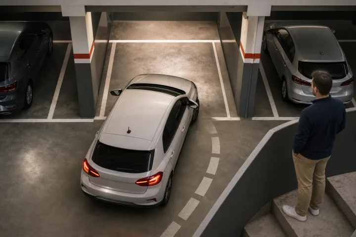 Coche compacto entrando despacio en una plaza de garaje estrecha entre dos pilares