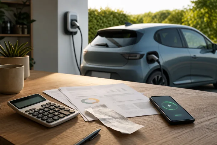 Calculadora, ticket de carburante, factura eléctrica y coche conectado a un punto de recarga