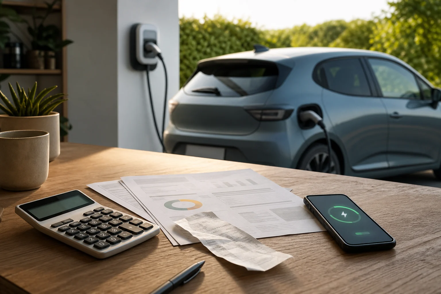 Calculadora, ticket de carburante, factura eléctrica y coche conectado a un punto de recarga