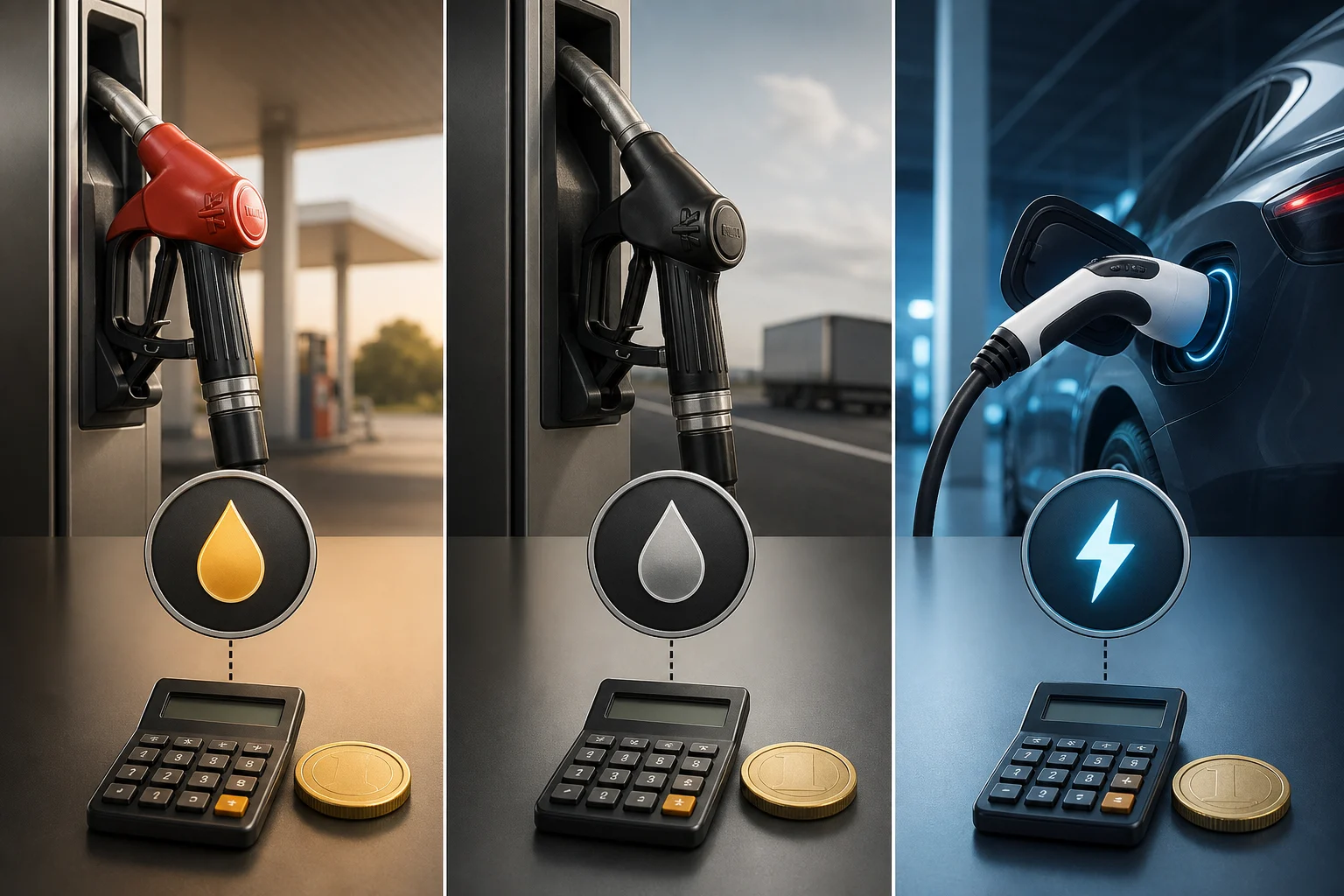 Tres sistemas energéticos de un coche representados junto a una calculadora