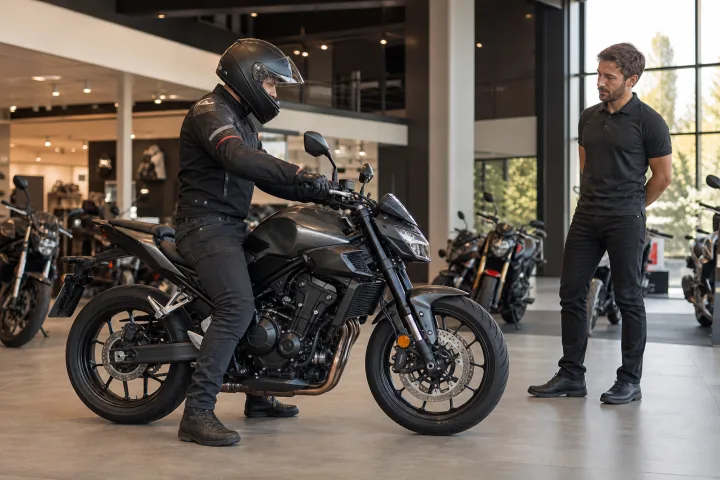 Persona con equipamiento de moto comprobando el apoyo de los pies sobre una motocicleta parada en un concesionario