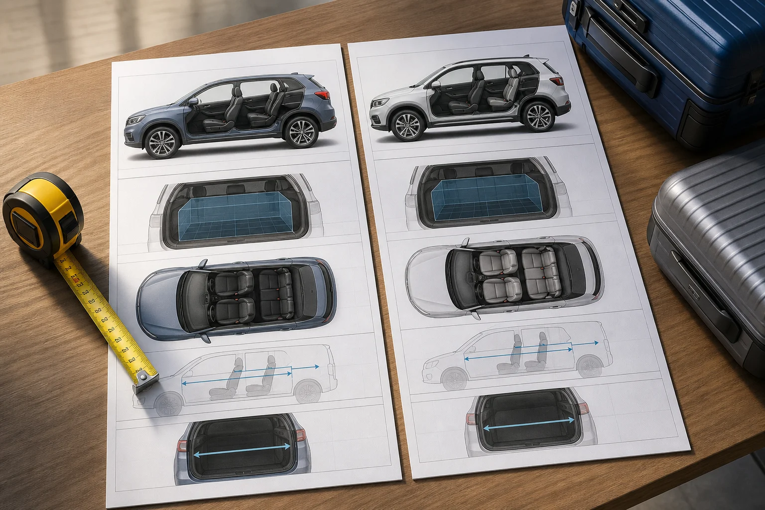Dos fichas técnicas de coches comparadas junto a una cinta métrica y maletas.