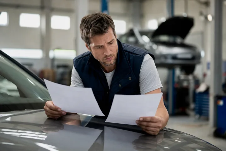 Persona revisando dos presupuestos de reparación junto a un coche aparcado ante un taller