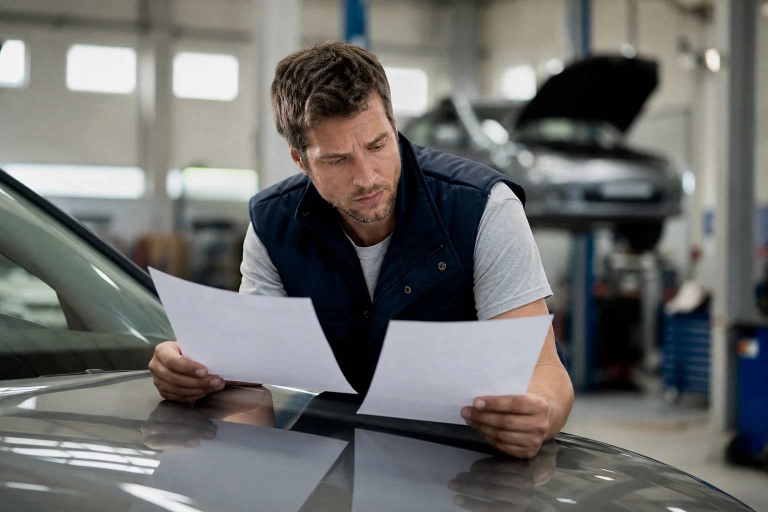 Persona revisando dos presupuestos de reparación junto a un coche aparcado ante un taller