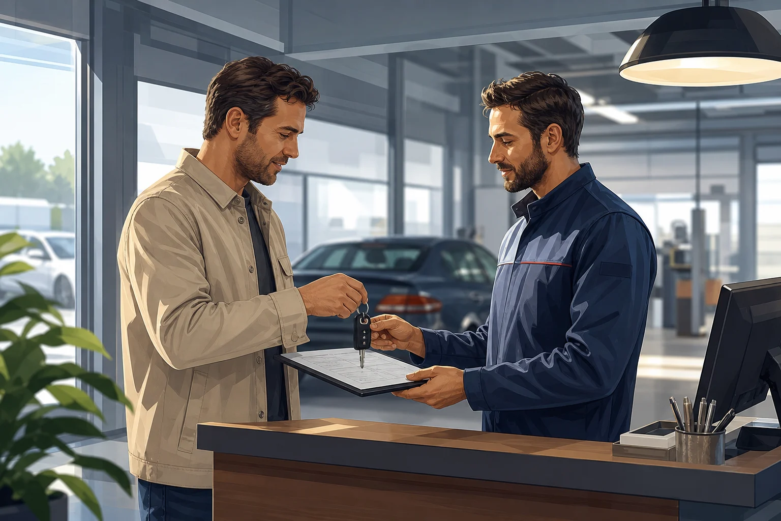 Cliente y recepcionista revisando un documento al dejar un coche en el taller