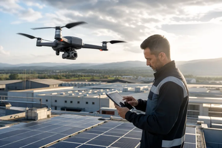 Dron profesional realizando una inspección visual de una cubierta industrial desde el aire