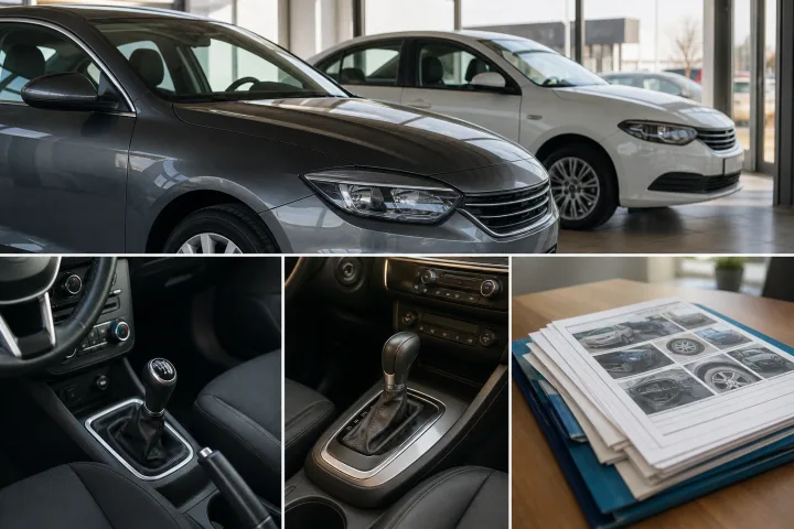 Dos coches de ocasión aparcados, uno con palanca manual y otro con selector automático, junto a documentación de mantenimiento.