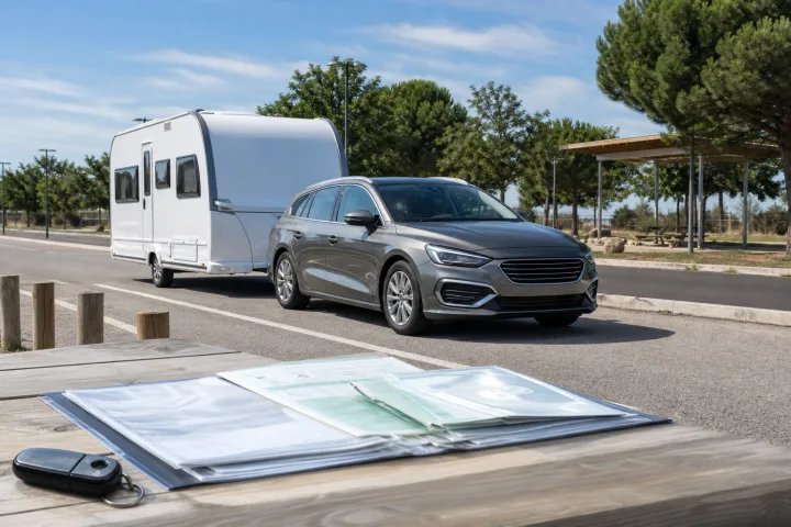 Turismo con una caravana enganchada estacionado junto a documentación del vehículo sobre una mesa