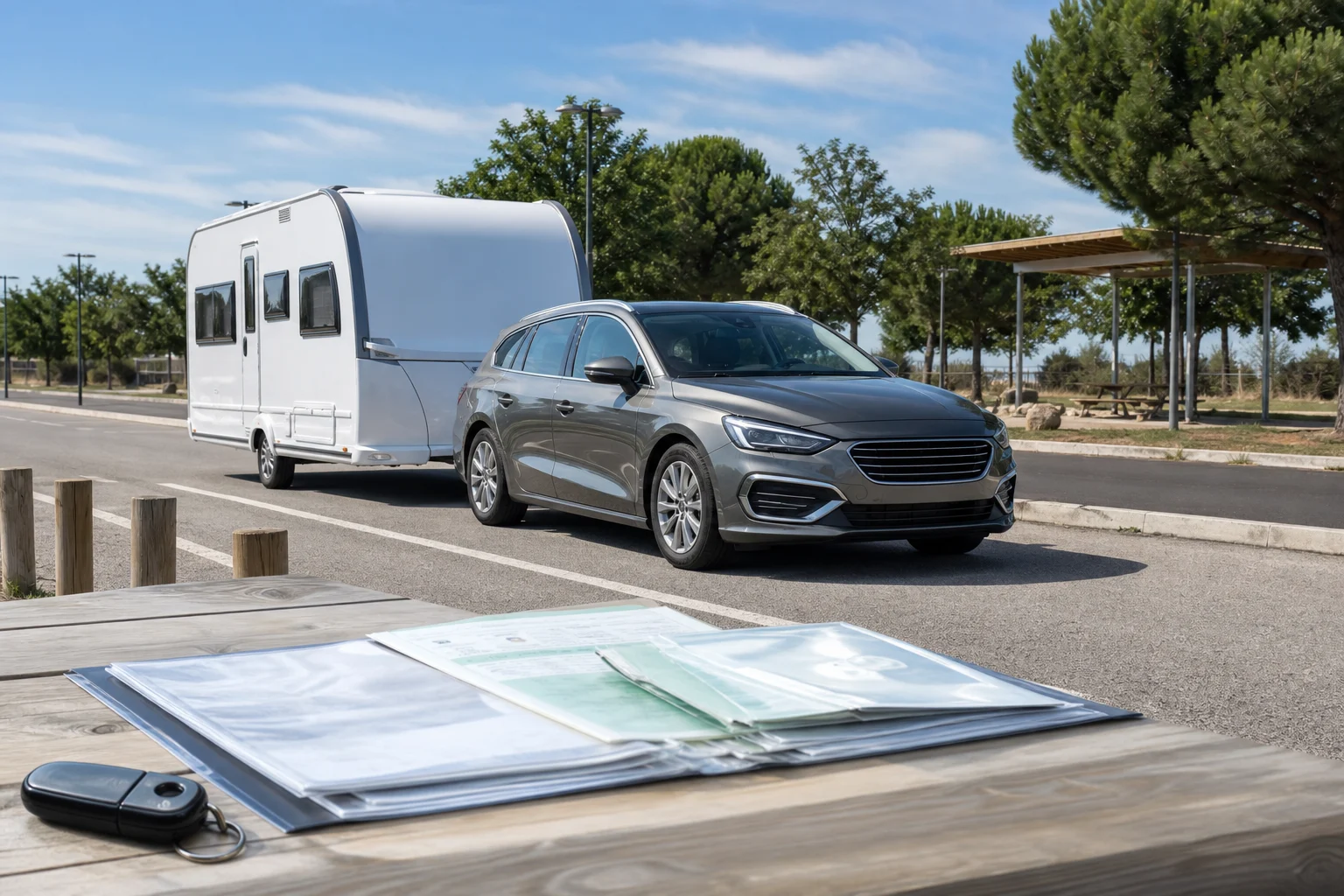 Turismo con una caravana enganchada estacionado junto a documentación del vehículo sobre una mesa
