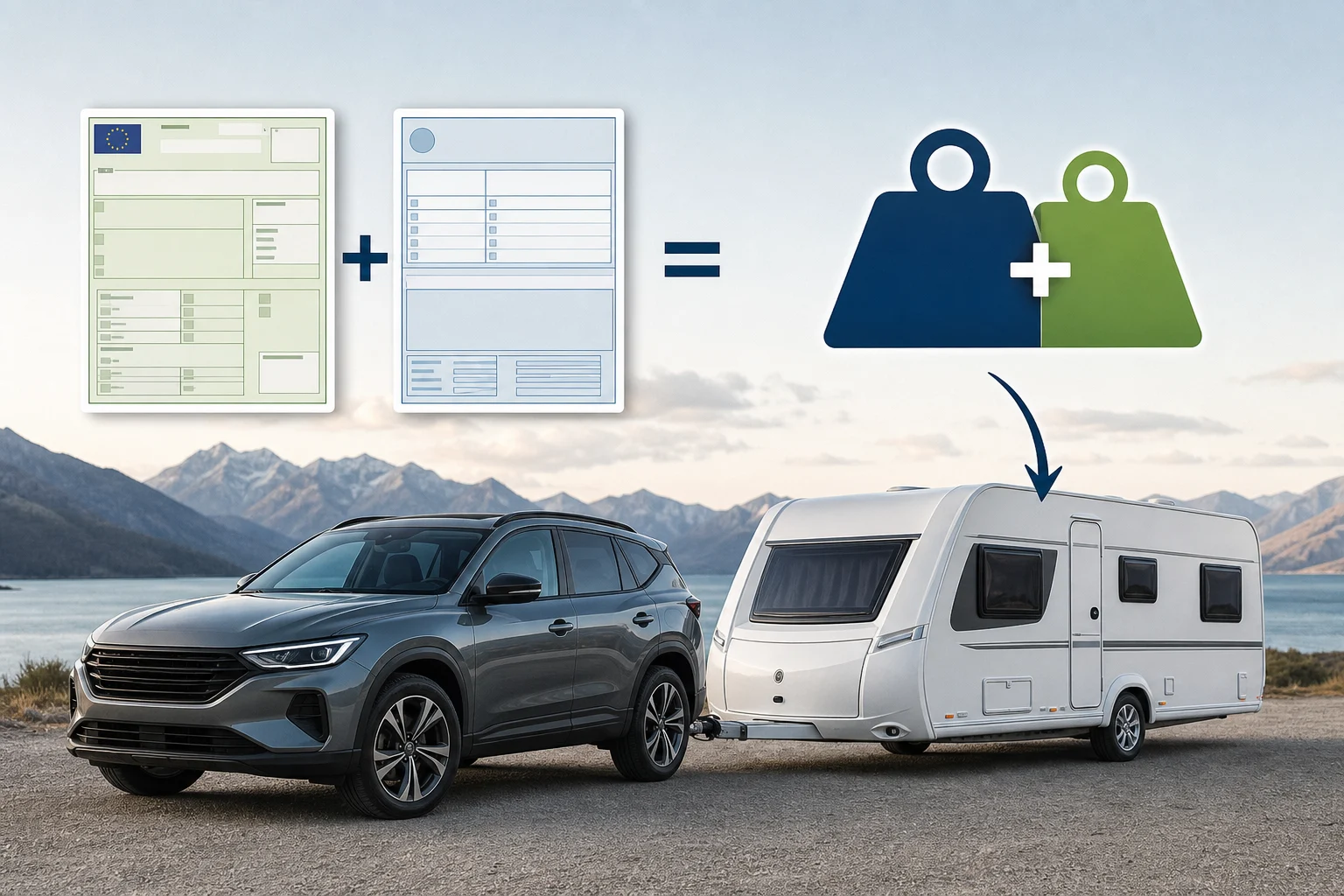 Documentación genérica de un coche y una caravana junto a ambos vehículos para explicar la suma de masas
