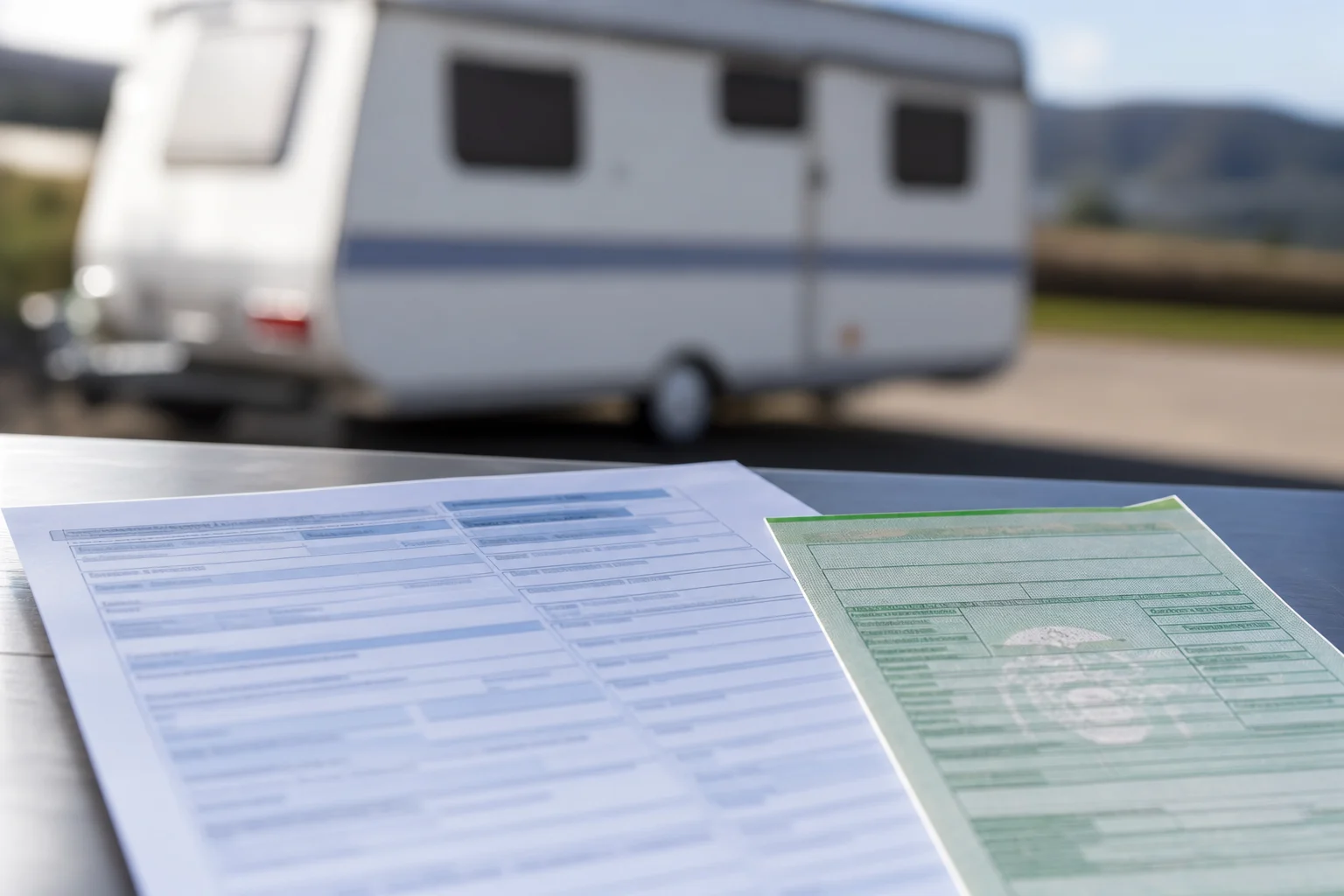 Documentos genéricos de un vehículo sobre una mesa antes de comprobar las masas de una caravana